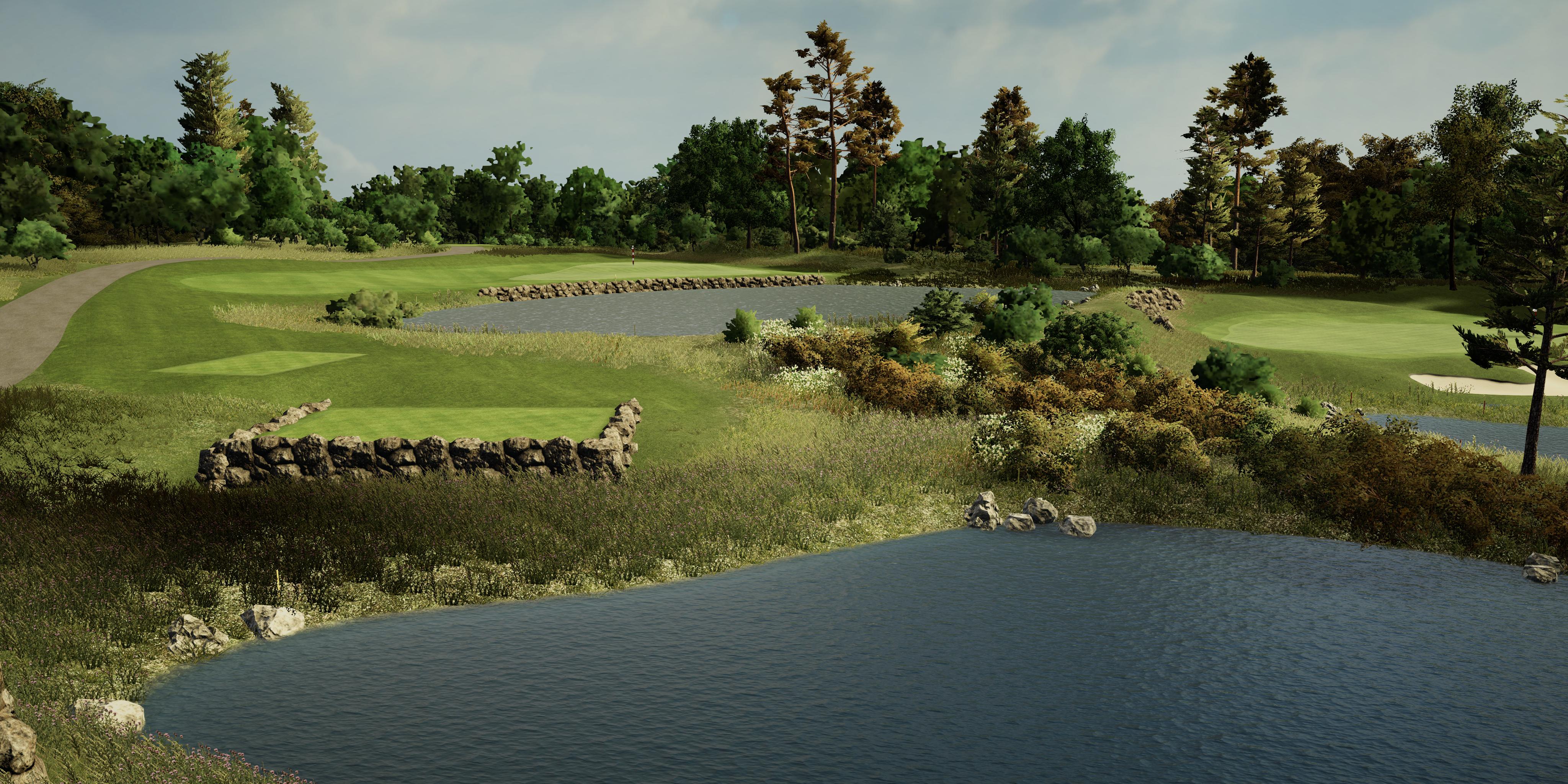 Golf course with green grass, trees, and a pond under a cloudy sky.