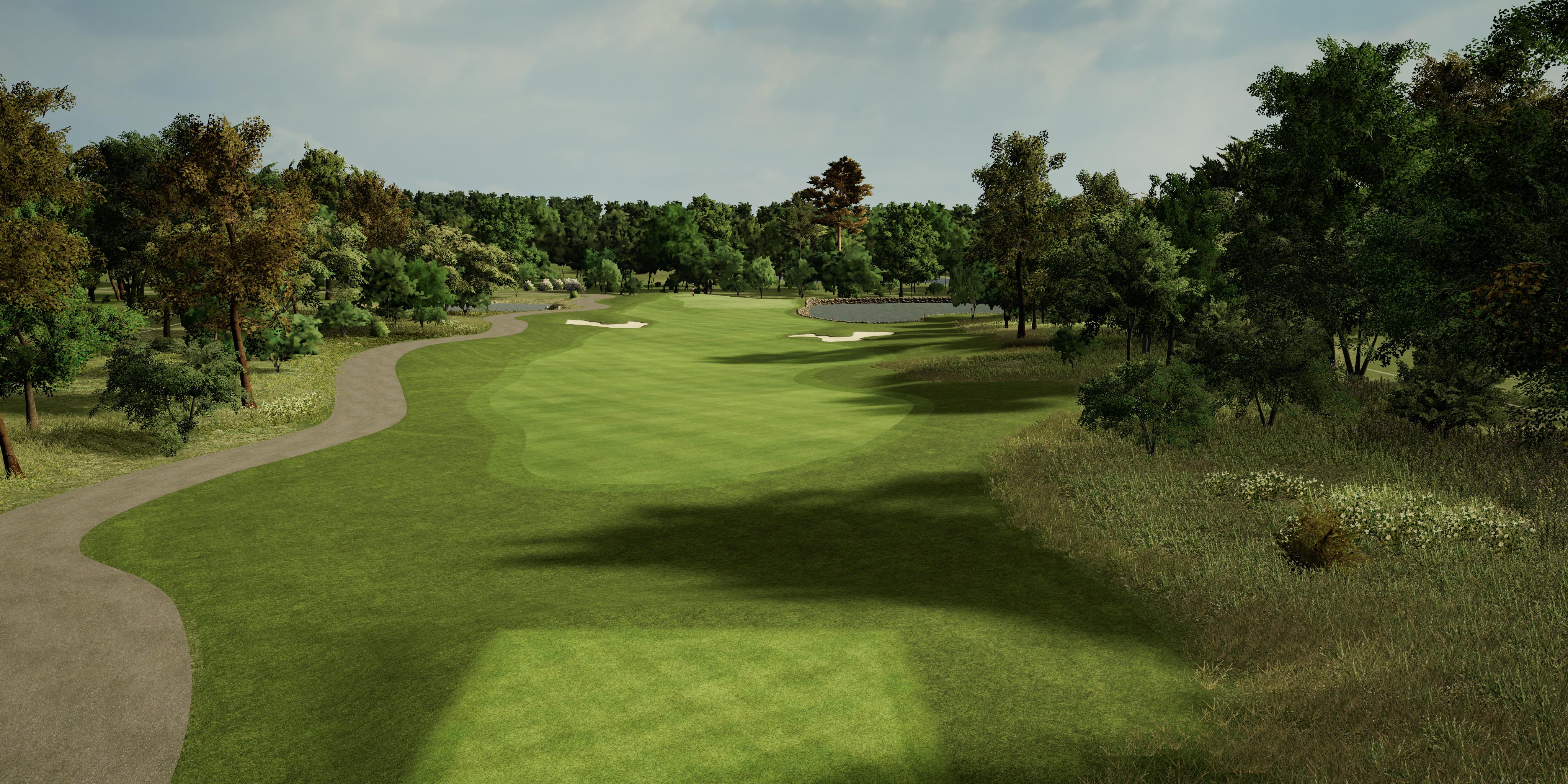 Golf course with green grass and trees under a cloudy sky