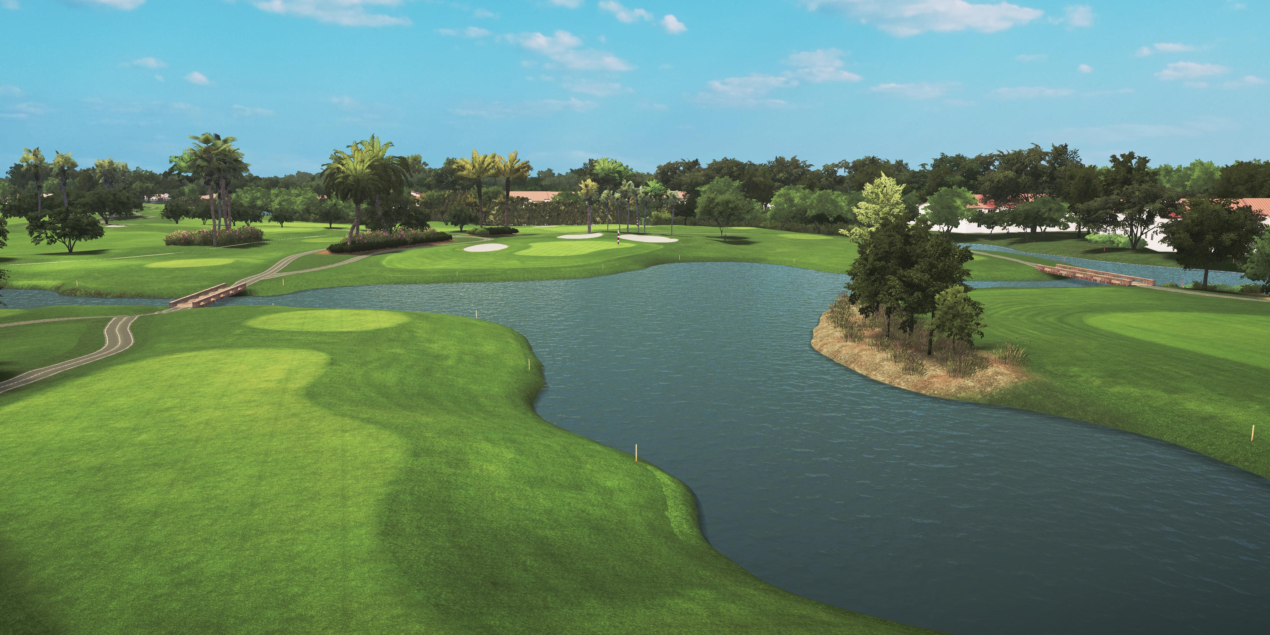 Golf course with green grass, water body, and trees under a clear blue sky.