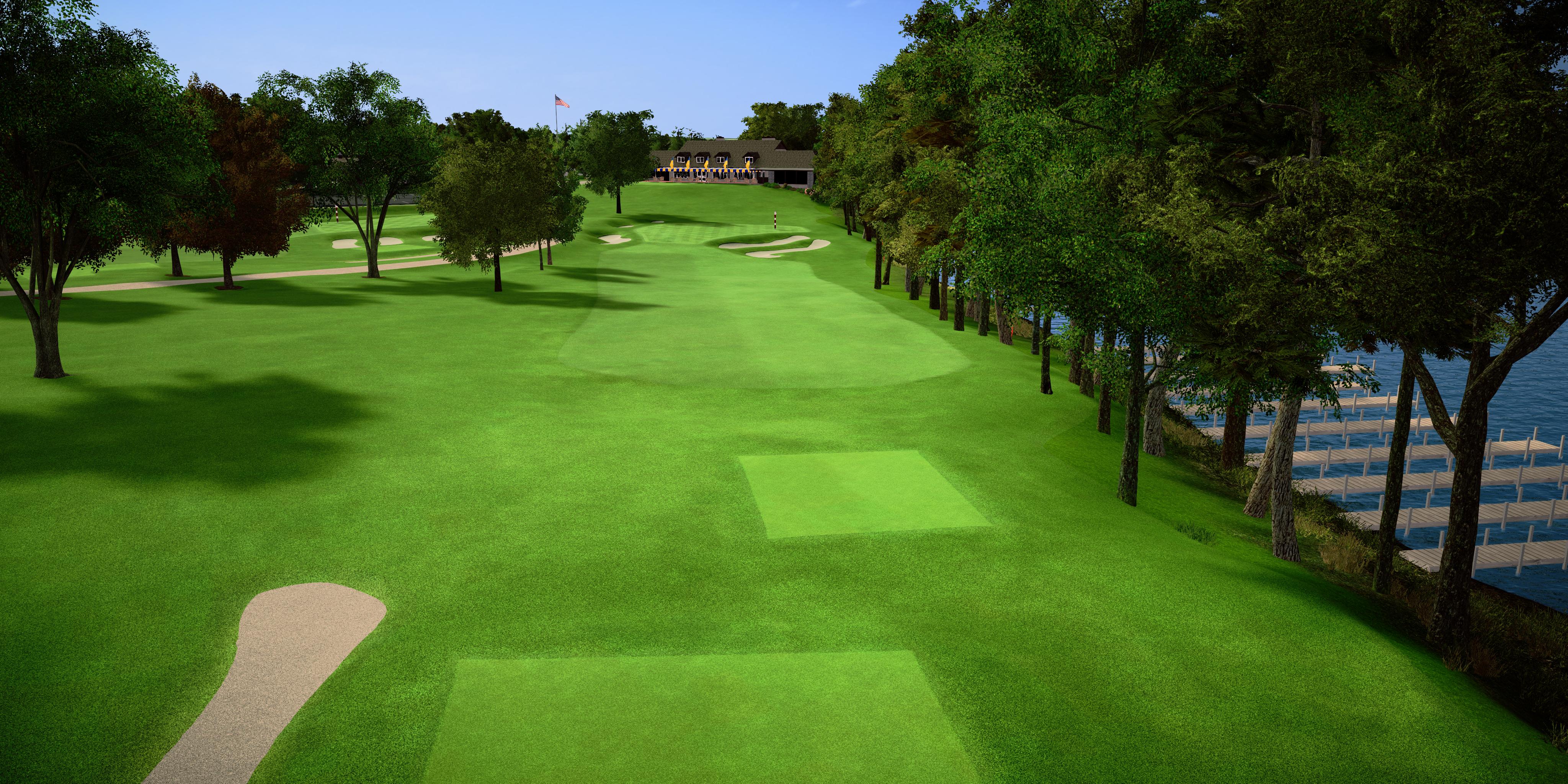 Golf course with green grass, trees, and a clear sky