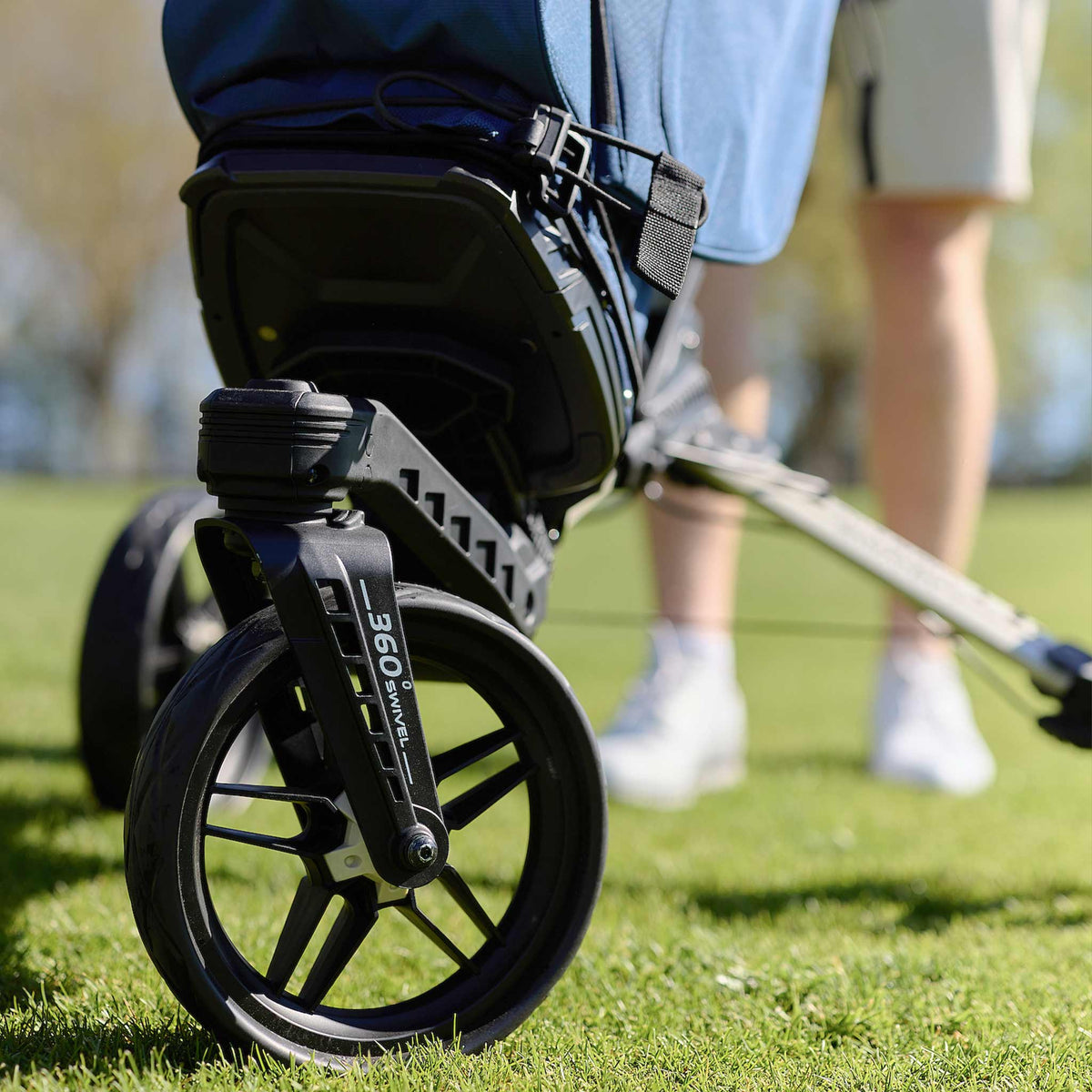 Bag Boy Nitron Swivel golf cart, 360 front wheel detail