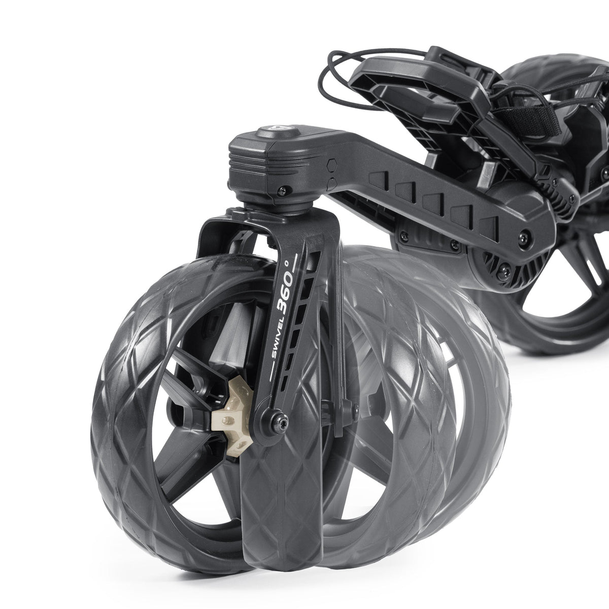 Bag Boy Nitron Swivel golf cart, front wheel spin detail