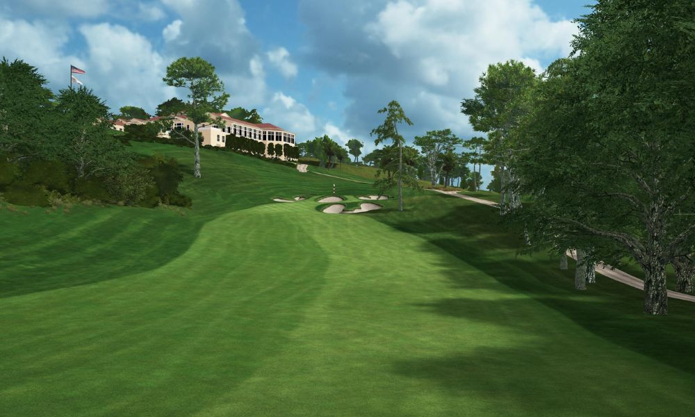 Golf course with green grass, trees, and a building in the background