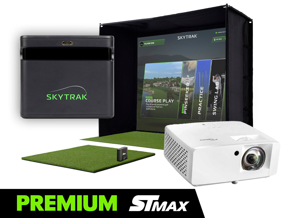 SKYTRAK ST MAX Premium Studio Package complete indoor golf simulator setup with launch monitor, hitting mat, and projector