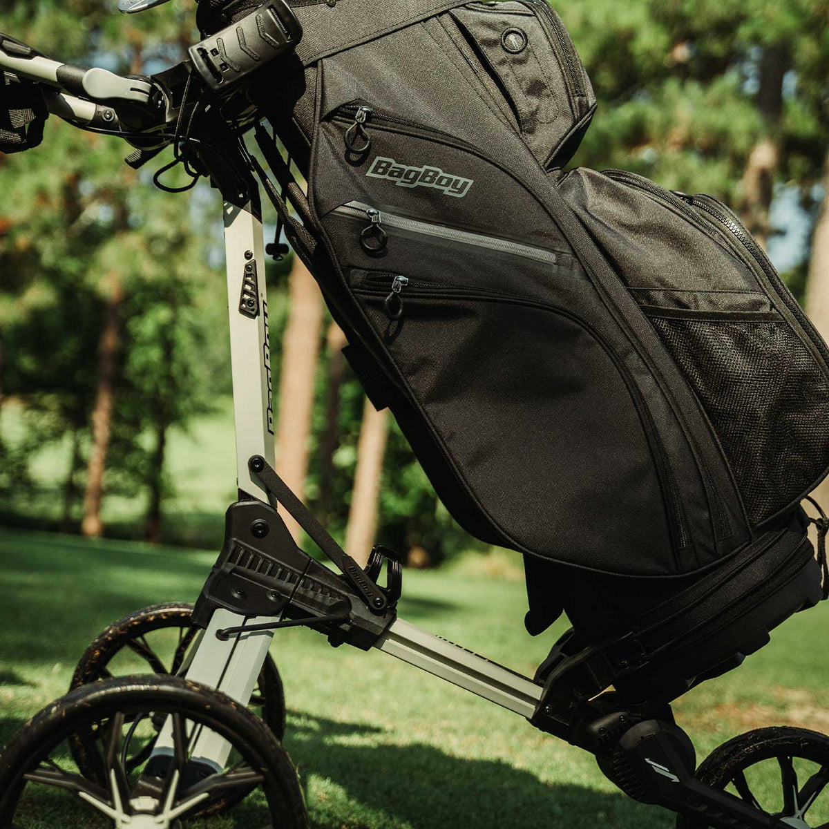 Bag Boy Nitron golf cart, sand and black, close-up