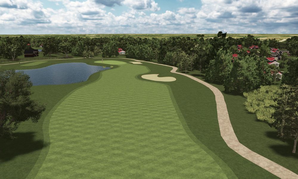 Golf course with green fairway, bunker, and trees under a cloudy sky.