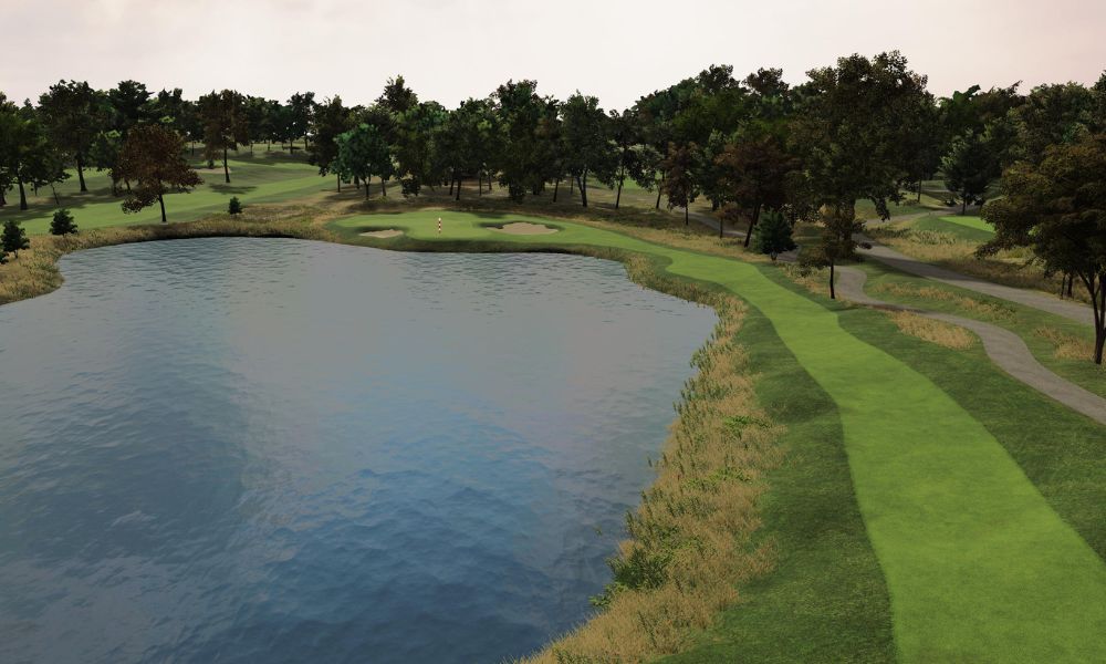 Golf course with a pond and trees