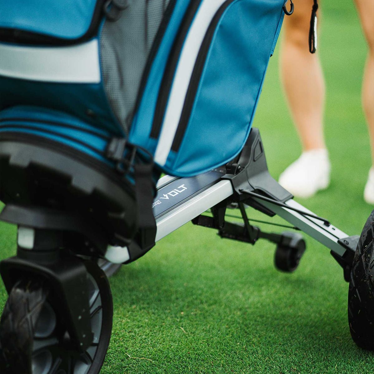 Bag Boy Volt golf cart, silver and black, battery close-up