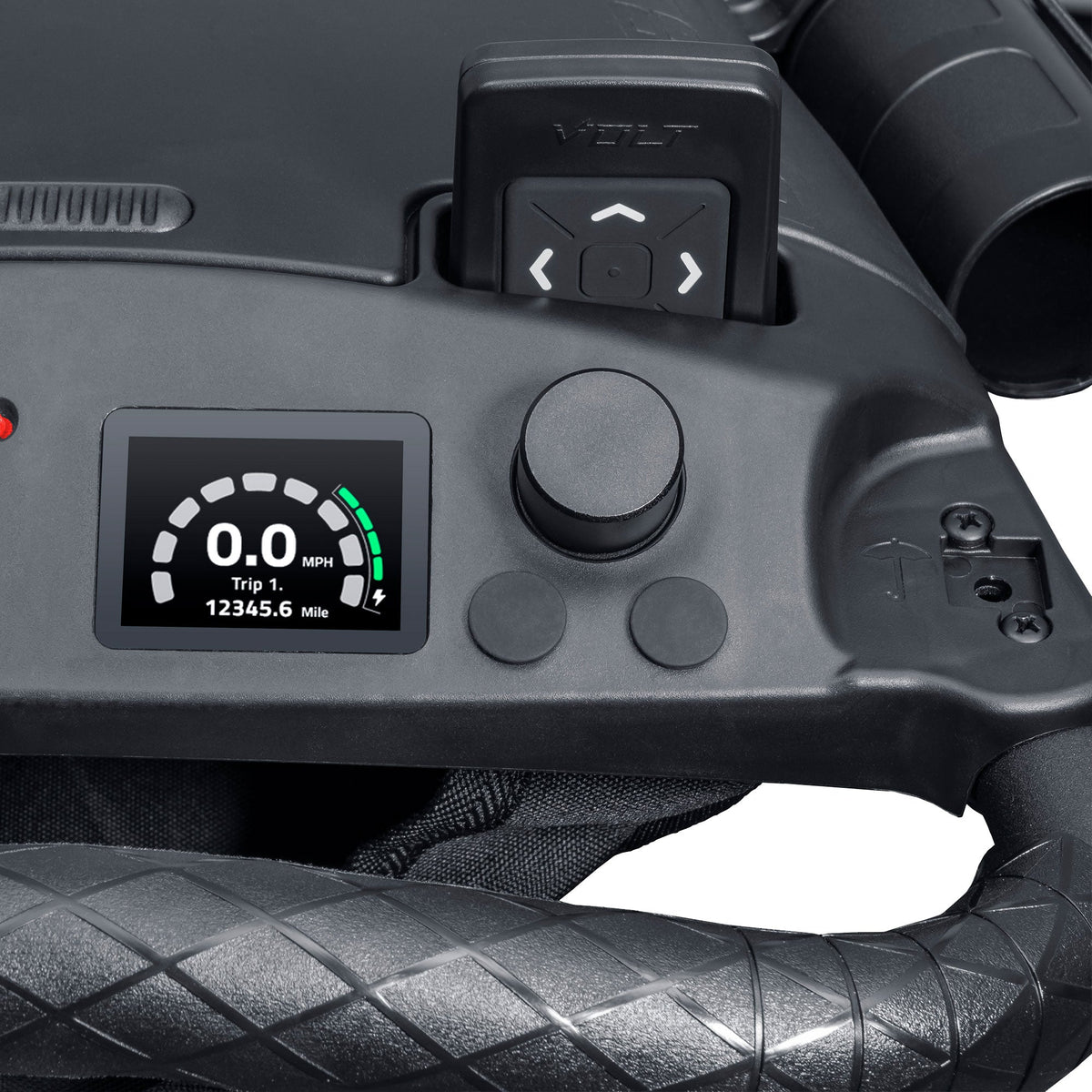 Bag Boy Volt golf cart, white, scorecard console screen close-up