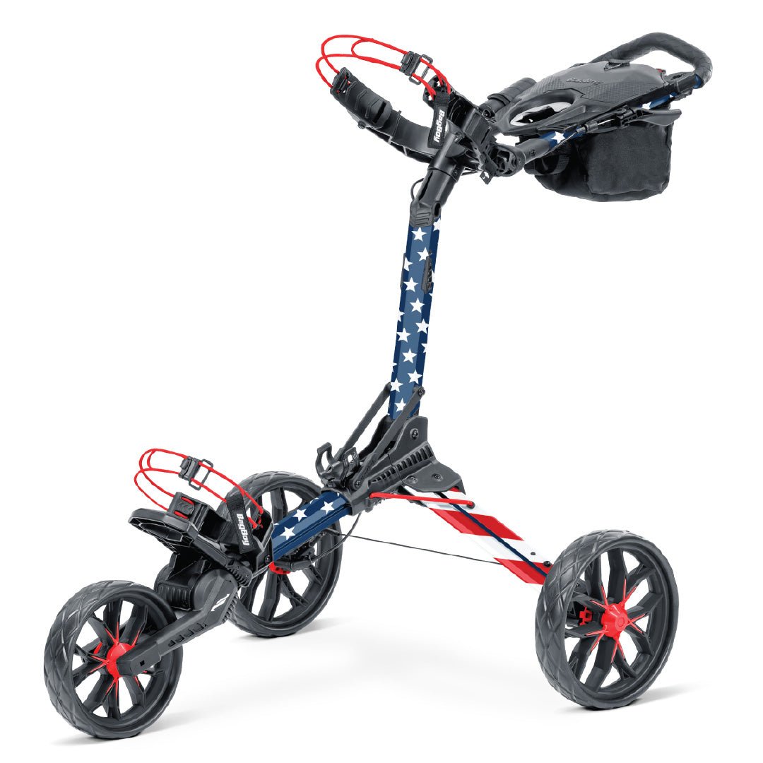 Motocaddy Nitron LTD USA Edition golf push cart featuring a patriotic stars and stripes design, rapid-fold technology, and a premium black and red wheel finish.