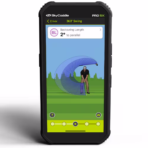 SkyCaddie PRO 5X handheld device displaying a 360 swing analysis interface, tracking a 2-degree to parallel backswing length metric and 3D swing arc trace.