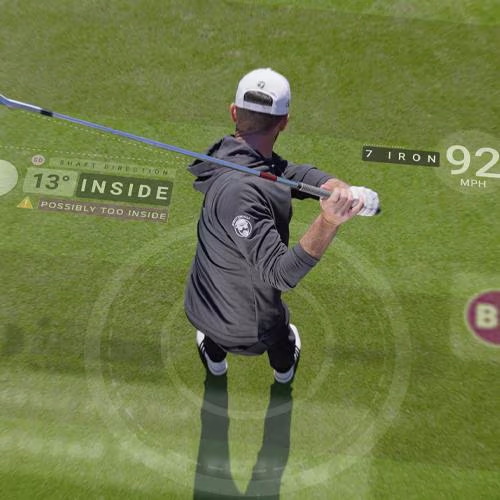 SKYTRAK app overhead view tracking 7-iron swing data, displaying a 13-degree inside shaft direction fault warning and 92 MPH club speed telemetry.