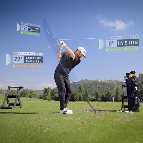 SKYTRAK mobile application interface tracking downswing shaft direction metrics, illustrating closed face angle data, swing path alignment lines, and backswing length warnings.