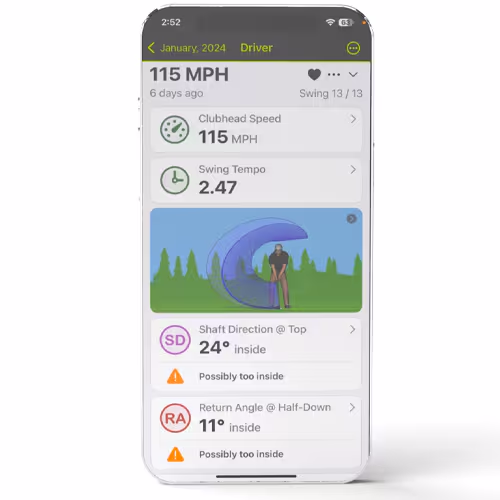 SKYTRAK mobile application dashboard displaying real-time driver metrics, including clubhead speed, swing tempo ratio, and downswing return angle telemetry.