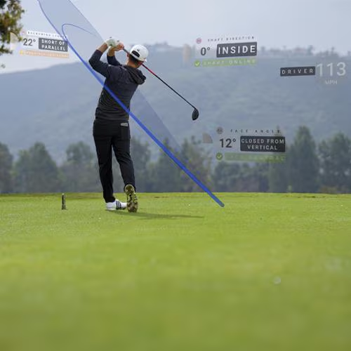 SKYTRAK mobile application interface tracking outdoor driver swing speed, swing plane trajectory, backswing length, and face angle telemetry.