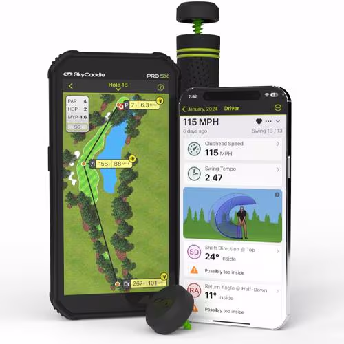 SKYTRAK ecosystem bundle featuring SkyCaddie PRO 5X handheld GPS golf course mapping, a smart club grip sensor, and a smartphone app swing telemetry dashboard.