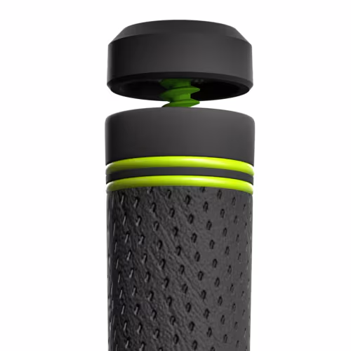 SKYTRAK compatible smart grip sensor hardware showing the threaded cap installation screw mechanism attaching to a textured golf club grip handle.